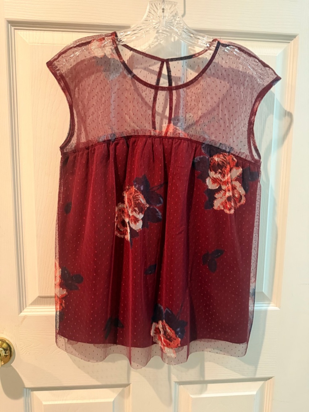 Maurices Burgundy Floral Mesh Yoke Top